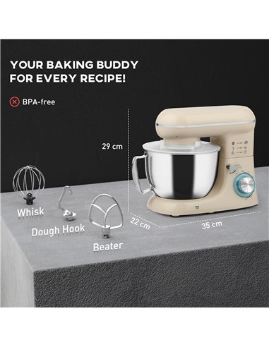 HOMCOM 1300W Kitchen Stand Mixer, with Accessories - Beige