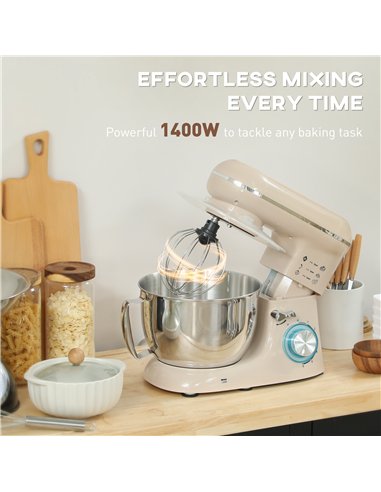HOMCOM 1300W Kitchen Stand Mixer, with Accessories - Beige