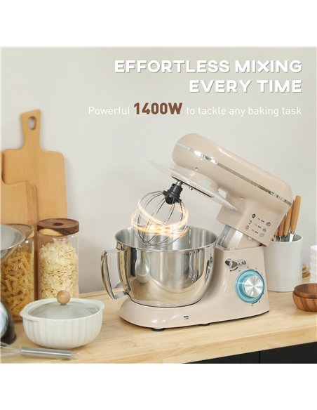 HOMCOM 1300W Kitchen Stand Mixer, with Accessories - Beige