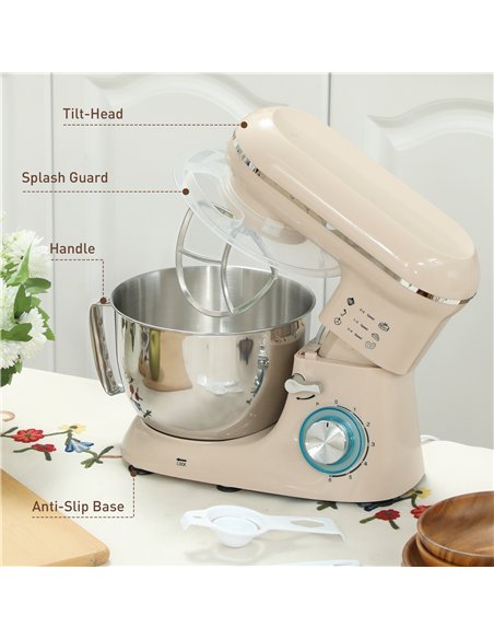 HOMCOM 1300W Kitchen Stand Mixer, with Accessories - Beige
