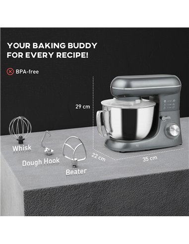 HOMCOM 1300W Kitchen Stand Mixer, with Accessories - Silver