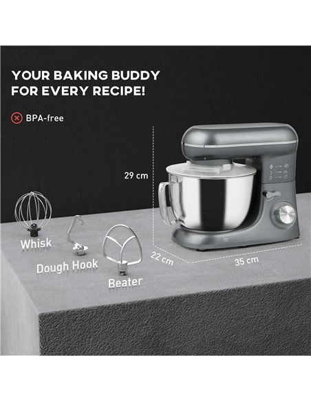 HOMCOM 1300W Kitchen Stand Mixer, with Accessories - Silver