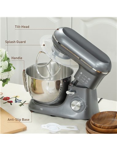 HOMCOM 1300W Kitchen Stand Mixer, with Accessories - Silver