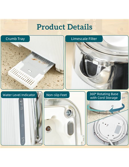 HOMCOM Electric Stainless Steel Kettle and Toaster Set, 3000W 1.7L UK Strix Thermostat Fast Boil Kettle w/ Limescale Filter, Coo