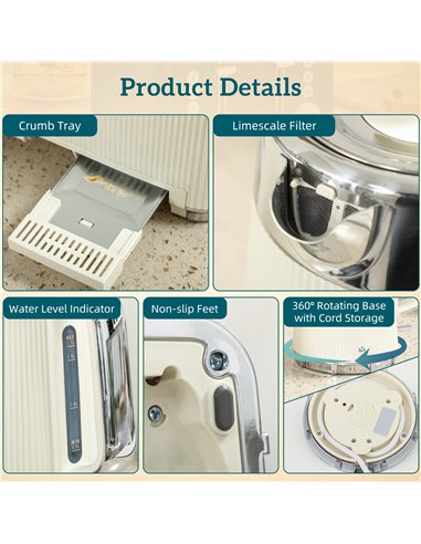 HOMCOM Electric Stainless Steel Kettle and Toaster Set, 3000W 1.7L UK Strix Thermostat Fast Boil Kettle w/ Limescale Filter, Coo