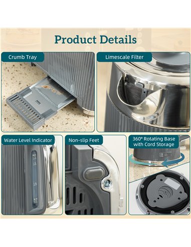 HOMCOM Electric Stainless Steel Kettle and Toaster Set, 3000W 1.7L UK Strix Thermostat Fast Boil Kettle w/ Limescale Filter, Coo