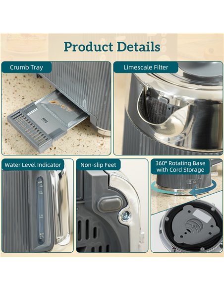 HOMCOM Electric Stainless Steel Kettle and Toaster Set, 3000W 1.7L UK Strix Thermostat Fast Boil Kettle w/ Limescale Filter, Coo