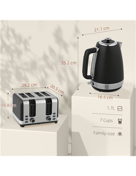 HOMCOM Stainless Steel Panel Kettle and Toaster Set - Black