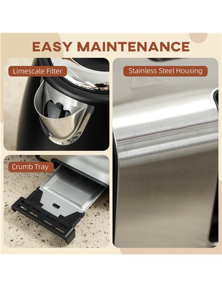 HOMCOM Stainless Steel Panel Kettle and Toaster Set - Black