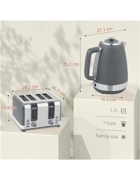 HOMCOM Stainless Steel Panel Kettle and Toaster Set - Grey