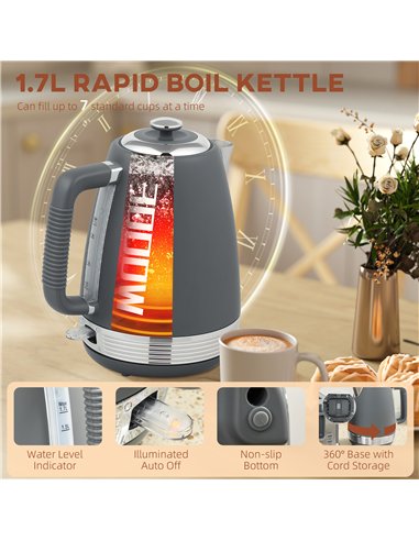 HOMCOM Stainless Steel Panel Kettle and Toaster Set - Grey