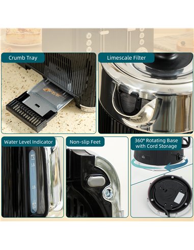 HOMCOM Electric Stainless Steel Kettle and Toaster Set, 3000W 1.7L UK Strix Thermostat Fast Boil Kettle w/ Limescale Filter, Coo