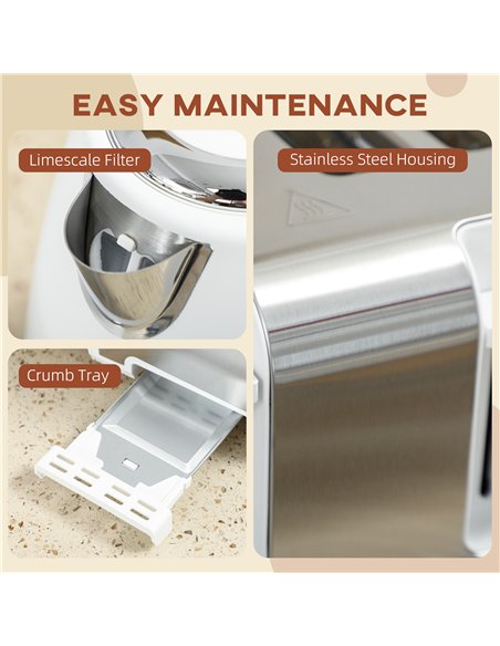 HOMCOM Stainless Steel Panel Kettle and Toaster Set - White