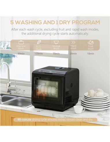 HOMCOM 6L Five-Mode Tabletop Dishwasher - Black