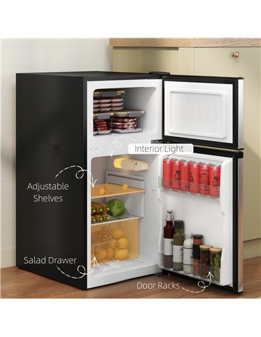 HOMCOM 88L Under Counter Fridge Freezer, Small Refrigerator with 5-Setting, 3 Star Freezer Rating, Black and Silver Tone