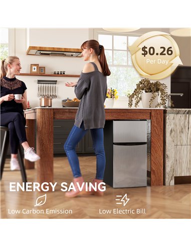 HOMCOM 88L Under Counter Fridge Freezer, Small Refrigerator with 5-Setting, 3 Star Freezer Rating, Black and Silver Tone