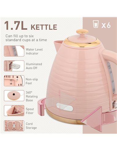 HOMCOM 3000W 1.7L Kettle & 4 Slice Toaster, Kettle and Toaster Set with 7 Browning Controls and Crumb Tray, Light Pink