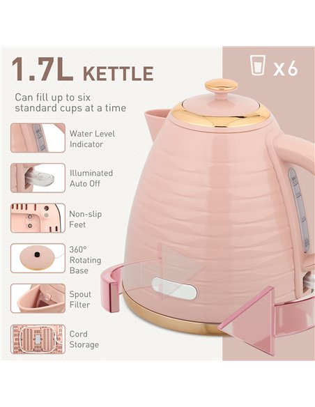 HOMCOM 3000W 1.7L Kettle & 4 Slice Toaster, Kettle and Toaster Set with 7 Browning Controls and Crumb Tray, Light Pink
