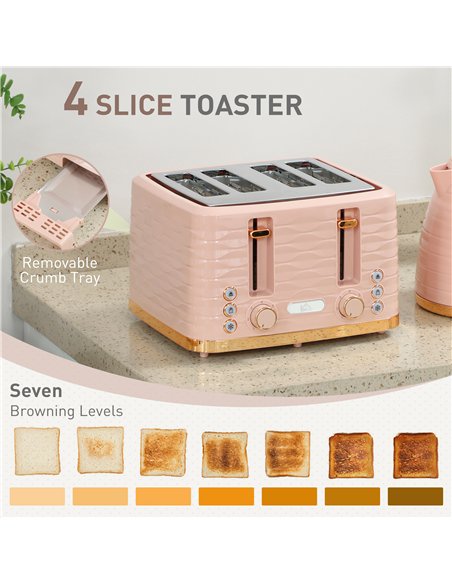HOMCOM 3000W 1.7L Kettle & 4 Slice Toaster, Kettle and Toaster Set with 7 Browning Controls and Crumb Tray, Light Pink