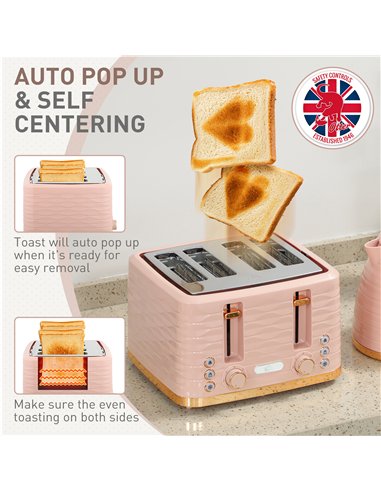 HOMCOM 3000W 1.7L Kettle & 4 Slice Toaster, Kettle and Toaster Set with 7 Browning Controls and Crumb Tray, Light Pink