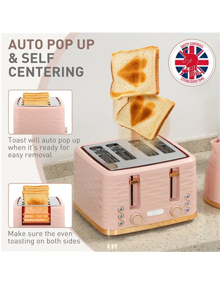 HOMCOM 3000W 1.7L Kettle & 4 Slice Toaster, Kettle and Toaster Set with 7 Browning Controls and Crumb Tray, Light Pink