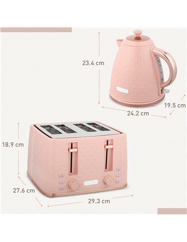 HOMCOM Kettle and Toaster Set, 1.7L 3000W Fast Boil Jug Kettle, 4 Slice Toaster with 7 Level Browning Controls, Light Pink