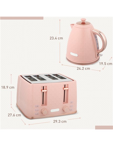 HOMCOM Kettle and Toaster Set, 1.7L 3000W Fast Boil Jug Kettle, 4 Slice Toaster with 7 Level Browning Controls, Light Pink