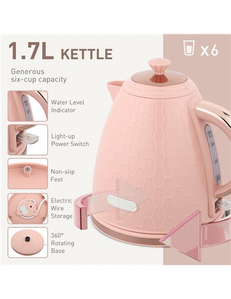 HOMCOM Kettle and Toaster Set, 1.7L 3000W Fast Boil Jug Kettle, 4 Slice Toaster with 7 Level Browning Controls, Light Pink