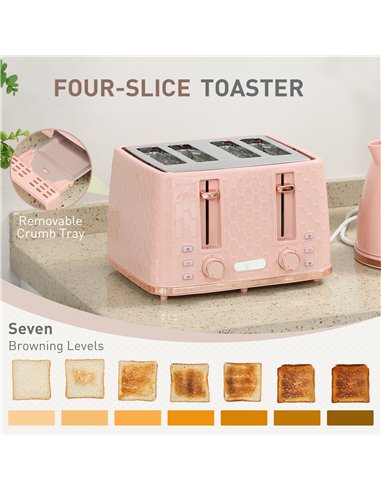 HOMCOM Kettle and Toaster Set, 1.7L 3000W Fast Boil Jug Kettle, 4 Slice Toaster with 7 Level Browning Controls, Light Pink