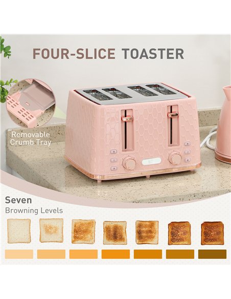 HOMCOM Kettle and Toaster Set, 1.7L 3000W Fast Boil Jug Kettle, 4 Slice Toaster with 7 Level Browning Controls, Light Pink