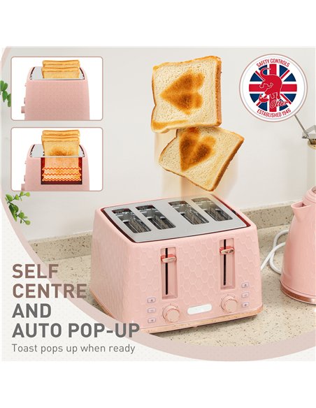 HOMCOM Kettle and Toaster Set, 1.7L 3000W Fast Boil Jug Kettle, 4 Slice Toaster with 7 Level Browning Controls, Light Pink
