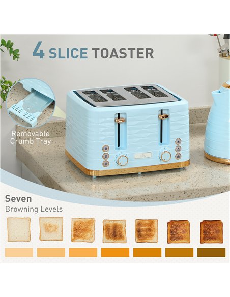 HOMCOM 3000W 1.7L Kettle & 4 Slice Toaster, Kettle and Toaster Set with 7 Browning Controls and Crumb Tray, Light Blue