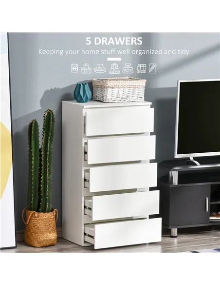 HOMCOM Chest of Drawers, 5 Drawers Storage Cabinet Floor Tower Cupboard for Bedroom Living Room, White