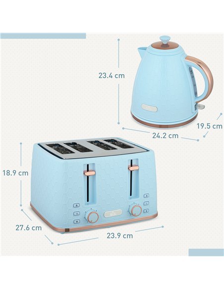 HOMCOM Kettle and Toaster Set, 1.7L 3000W Fast Boil Jug Kettle, 4 Slice Toaster with 7 Level Browning Controls, Light Blue