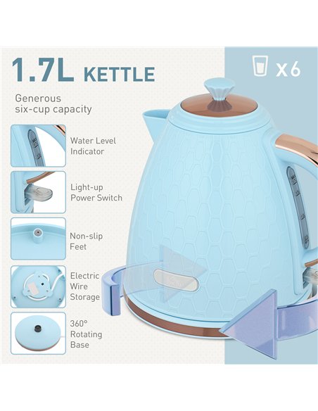 HOMCOM Kettle and Toaster Set, 1.7L 3000W Fast Boil Jug Kettle, 4 Slice Toaster with 7 Level Browning Controls, Light Blue
