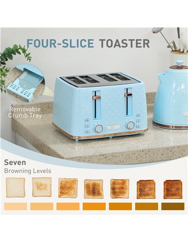 HOMCOM Kettle and Toaster Set, 1.7L 3000W Fast Boil Jug Kettle, 4 Slice Toaster with 7 Level Browning Controls, Light Blue