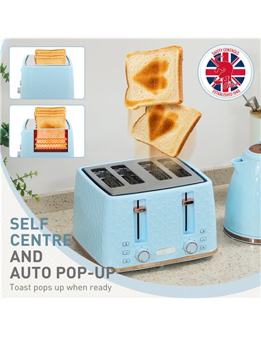 HOMCOM Kettle and Toaster Set, 1.7L 3000W Fast Boil Jug Kettle, 4 Slice Toaster with 7 Level Browning Controls, Light Blue