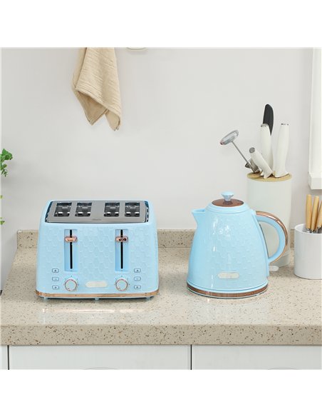 HOMCOM Kettle and Toaster Set, 1.7L 3000W Fast Boil Jug Kettle, 4 Slice Toaster with 7 Level Browning Controls, Light Blue