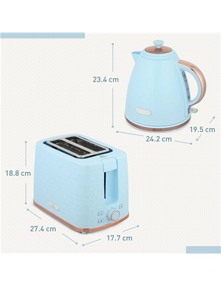 HOMCOM 1.7L 3000W Fast Boil Kettle & 2 Slice Toaster Set, Kettle and Toaster Set with Auto Shut Off, Browning Controls, Light Bl