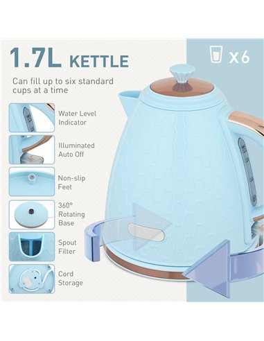 HOMCOM 1.7L 3000W Fast Boil Kettle & 2 Slice Toaster Set, Kettle and Toaster Set with Auto Shut Off, Browning Controls, Light Bl