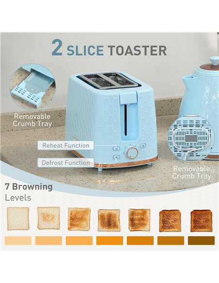 HOMCOM 1.7L 3000W Fast Boil Kettle & 2 Slice Toaster Set, Kettle and Toaster Set with Auto Shut Off, Browning Controls, Light Bl