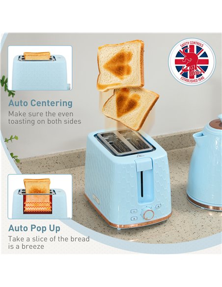 HOMCOM 1.7L 3000W Fast Boil Kettle & 2 Slice Toaster Set, Kettle and Toaster Set with Auto Shut Off, Browning Controls, Light Bl