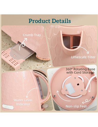 HOMCOM 1.7L 3000W Fast Boil Kettle & 2 Slice Toaster Set, Kettle and Toaster Set with Auto Shut Off, Browning Controls, Light Pi