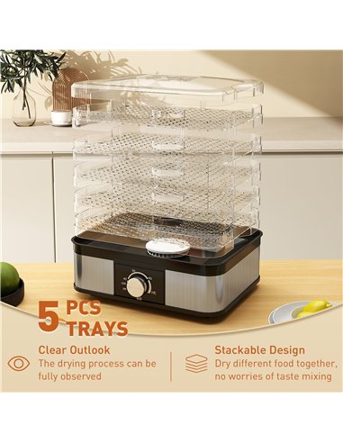 HOMCOM 5 Tier Food Dehydrator, 245W Stainless Steel Food Dryer Machine with Adjustable Temperature for Drying Fruit, Meat, Veget