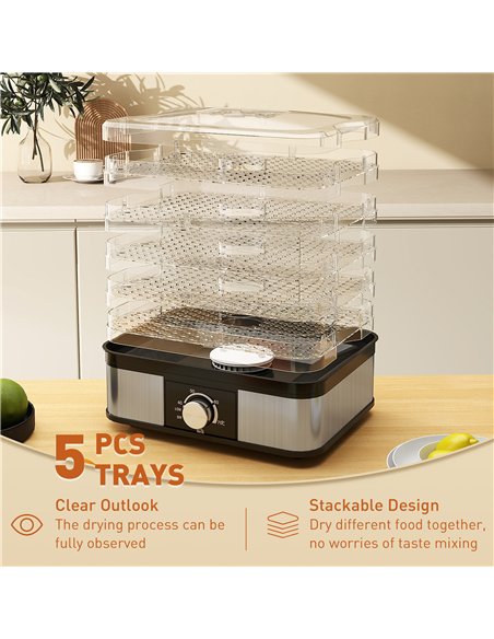 HOMCOM 5 Tier Food Dehydrator, 245W Stainless Steel Food Dryer Machine with Adjustable Temperature for Drying Fruit, Meat, Veget