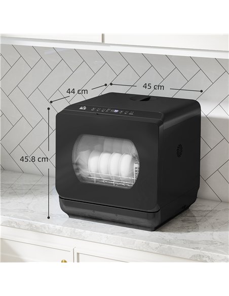 HOMCOM Table Top Dishwasher with Built-in 6L Water Tank, Mini Countertop Dishwasher with 6 Programs, 4 Place Settings, Black