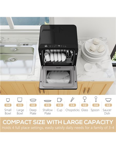 HOMCOM Table Top Dishwasher with Built-in 6L Water Tank, Mini Countertop Dishwasher with 6 Programs, 4 Place Settings, Black