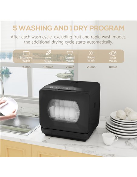 HOMCOM Table Top Dishwasher with Built-in 6L Water Tank, Mini Countertop Dishwasher with 6 Programs, 4 Place Settings, Black