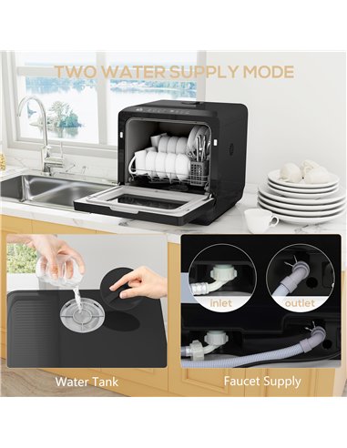 HOMCOM Table Top Dishwasher with Built-in 6L Water Tank, Mini Countertop Dishwasher with 6 Programs, 4 Place Settings, Black