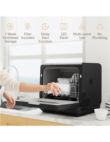 HOMCOM Table Top Dishwasher with Built-in 6L Water Tank, Mini Countertop Dishwasher with 6 Programs, 4 Place Settings, Black